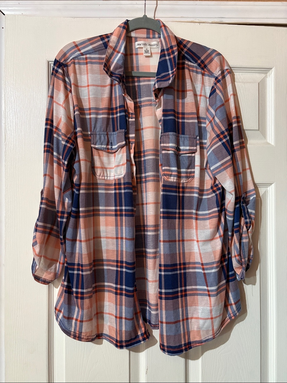 New York Laundry Plaid Shirt in Navy and Peach